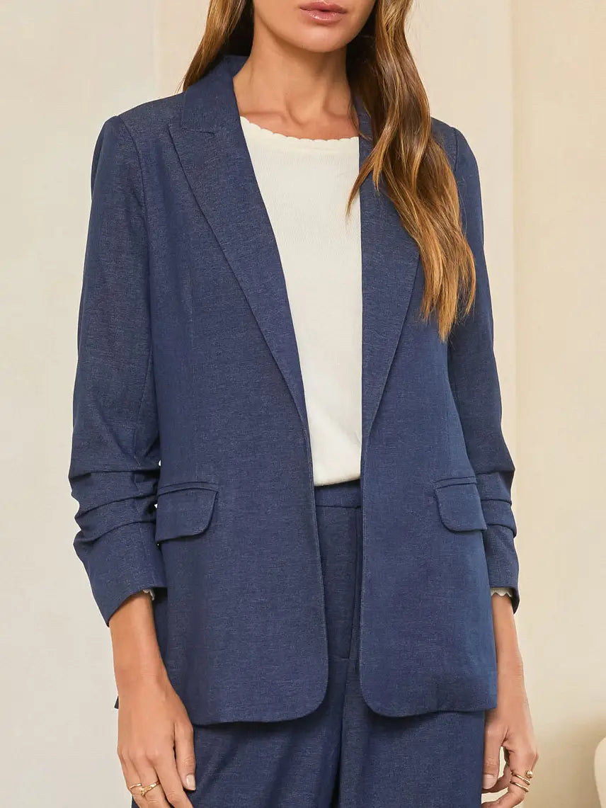Open-Front Gathered Sleeve Blazer