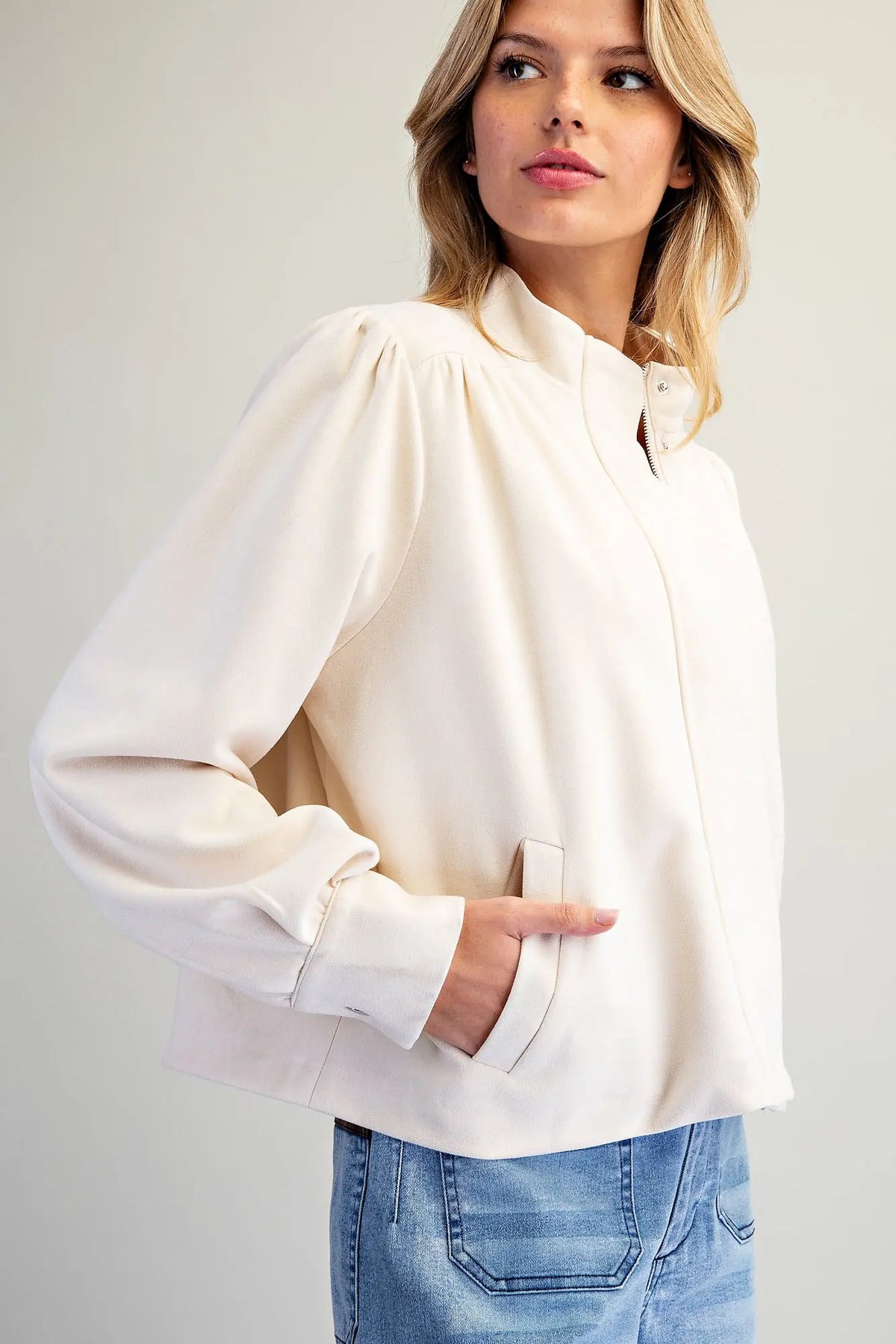 Suede Mock Neck Zip Up Jacket