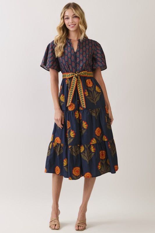 Navy Floral Tiered Midi Dress