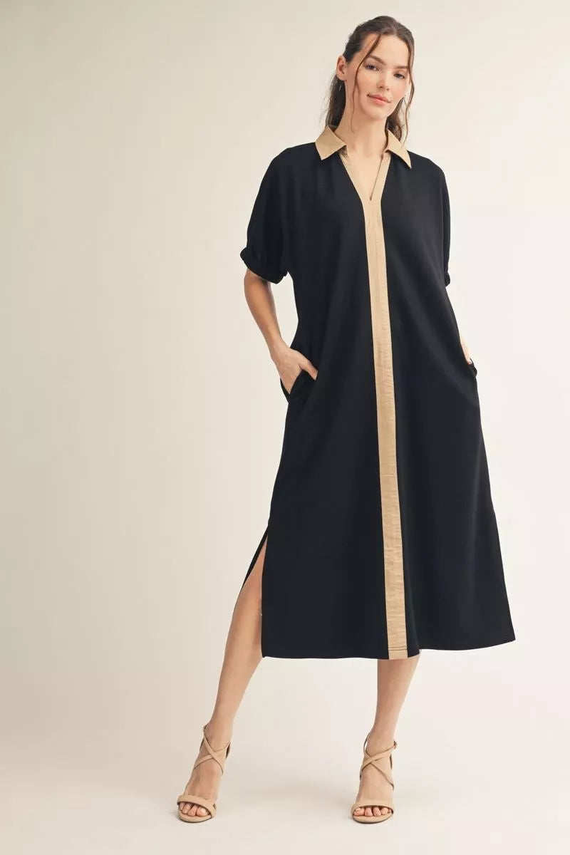 Drop Shoulder Black Midi Dress
