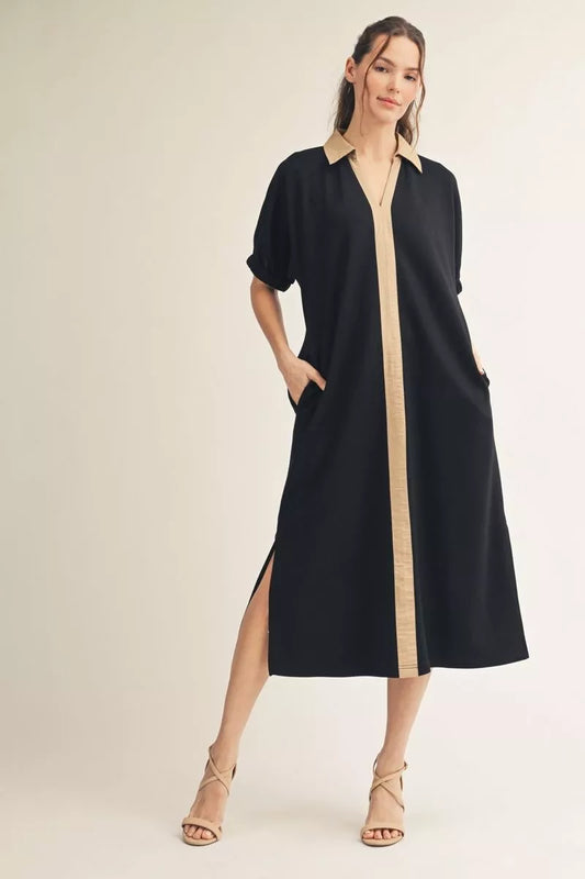 Drop Shoulder Black Midi Dress