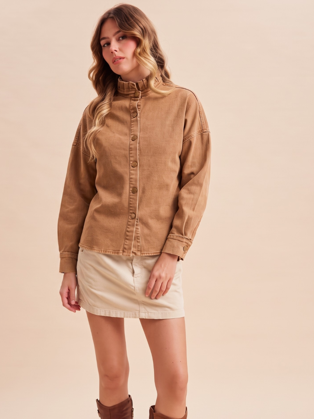 Ruffle Neck Twill Shacket