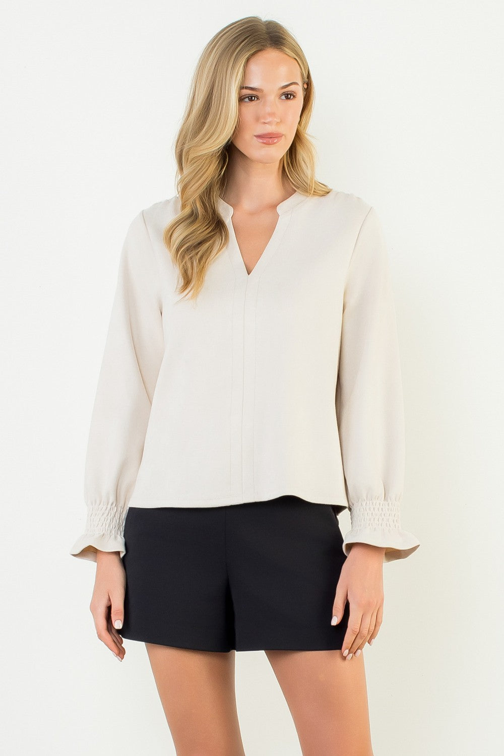 Classic V Neck Suede Top In Cream