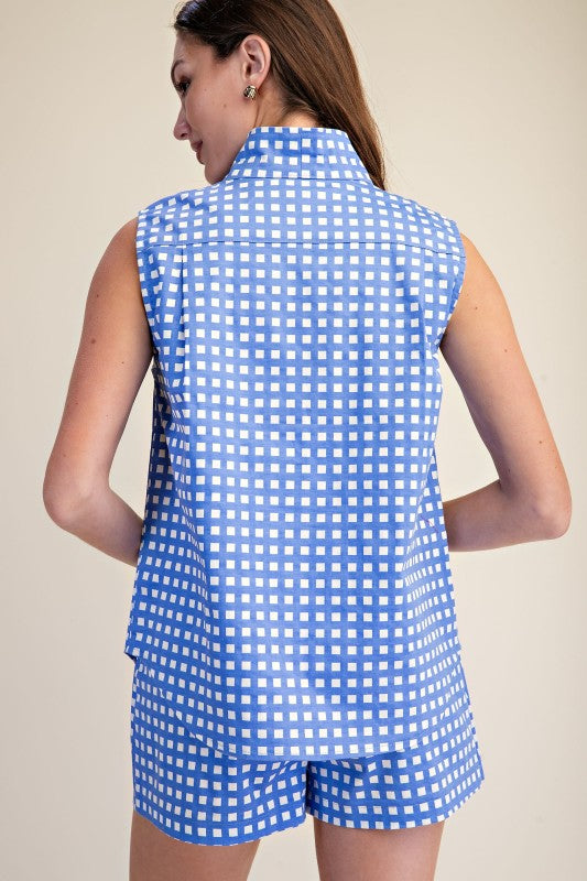Blue Check Button Down Top