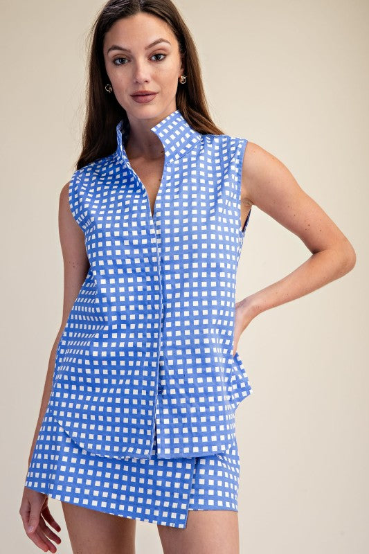 Blue Check Button Down Top