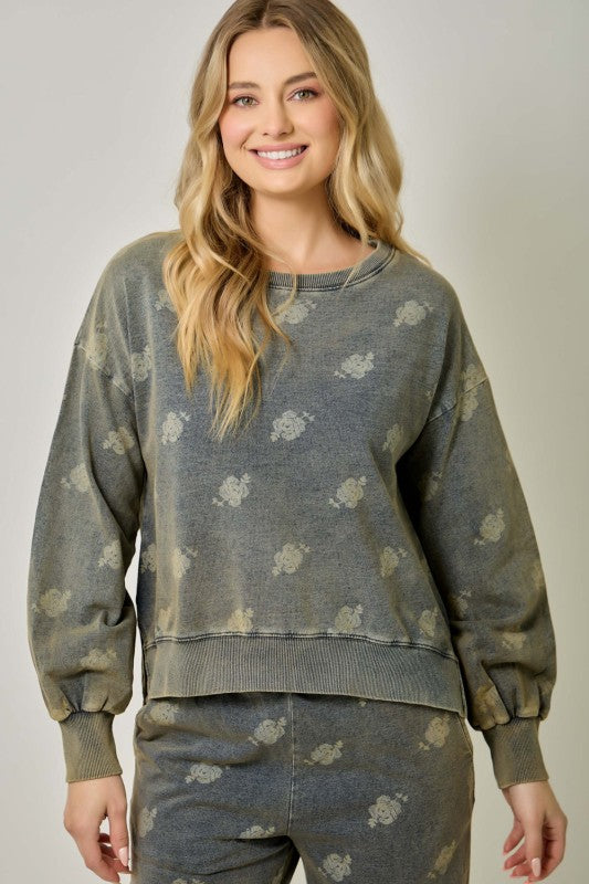 Washed Black Printed Denim Sweater