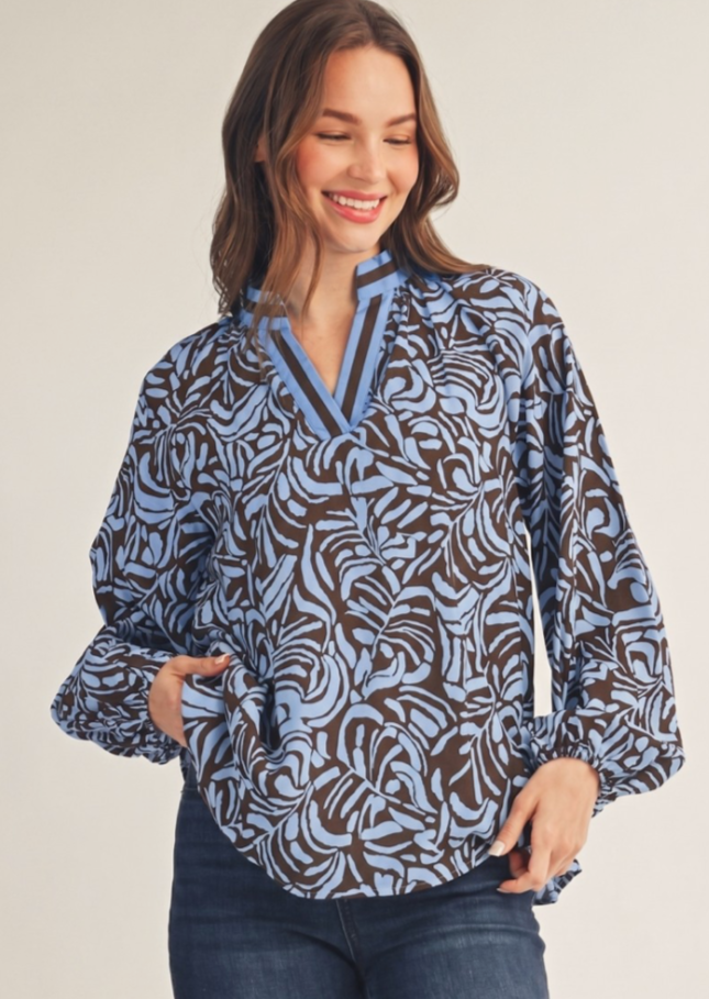 Contrast Detail Boho Leaf Print Top
