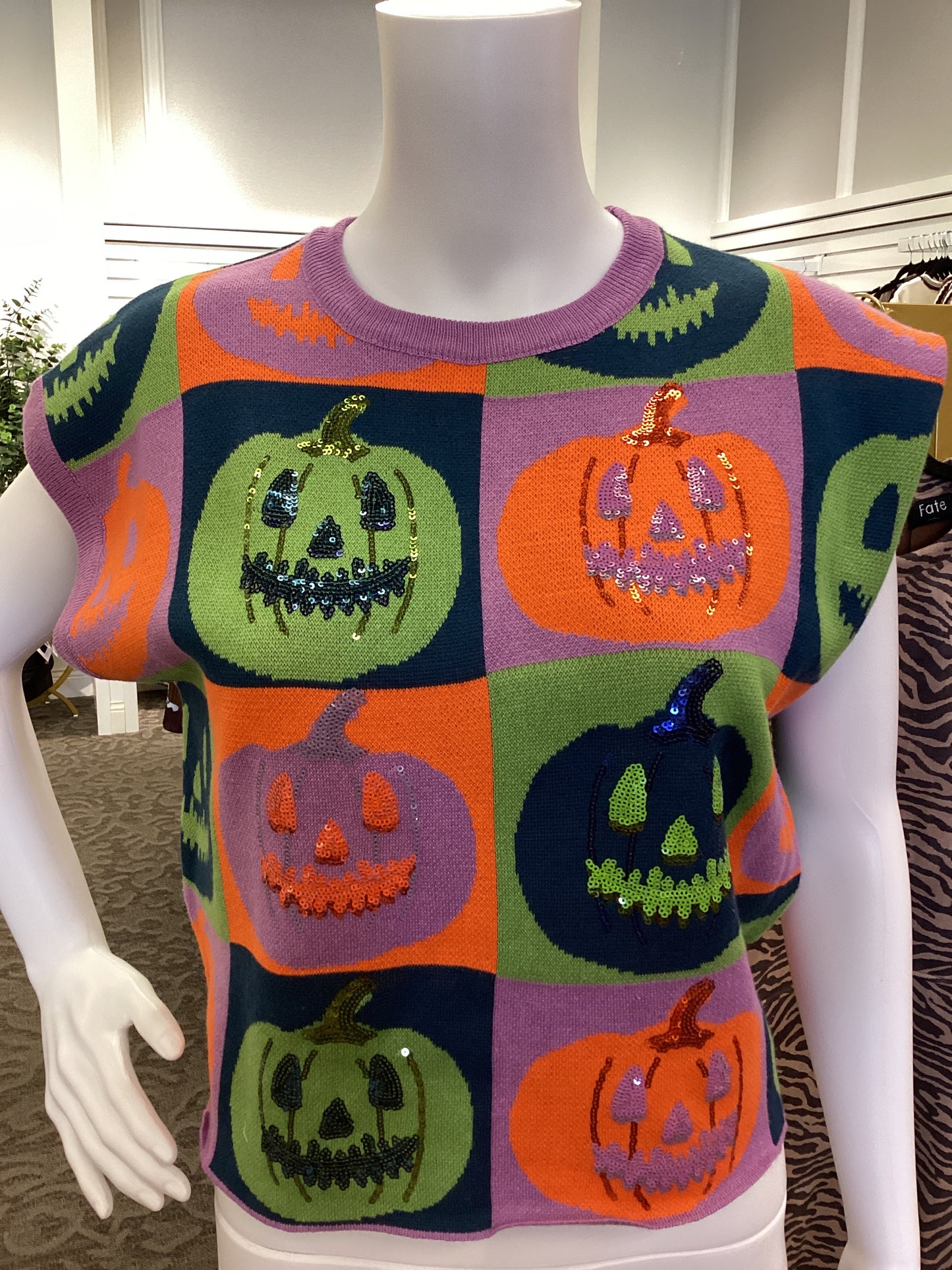 Multi Checkered Pumpkin Knit Top