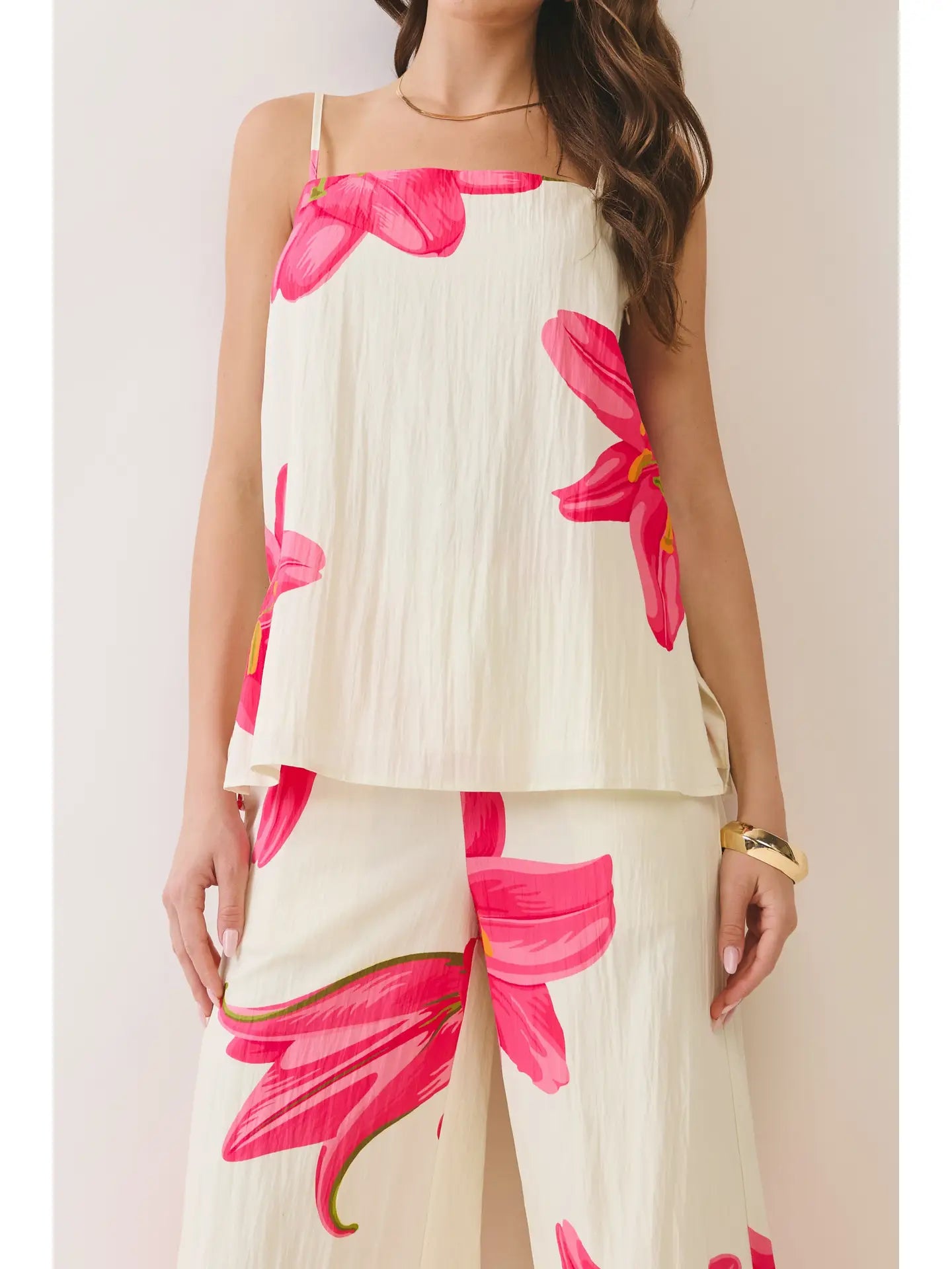 Cream Pant Set With Pink Flowers