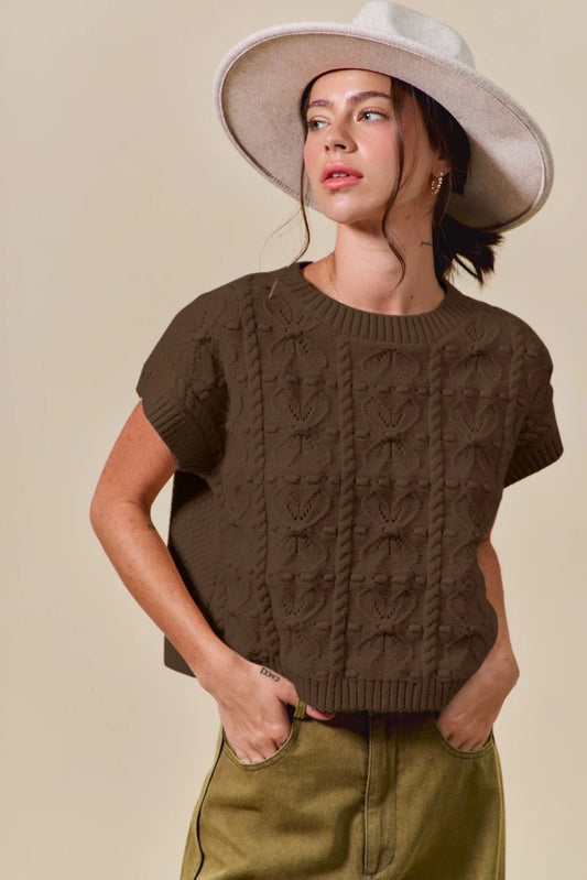 Floral Pattern Knit Sweater Vest - Brown