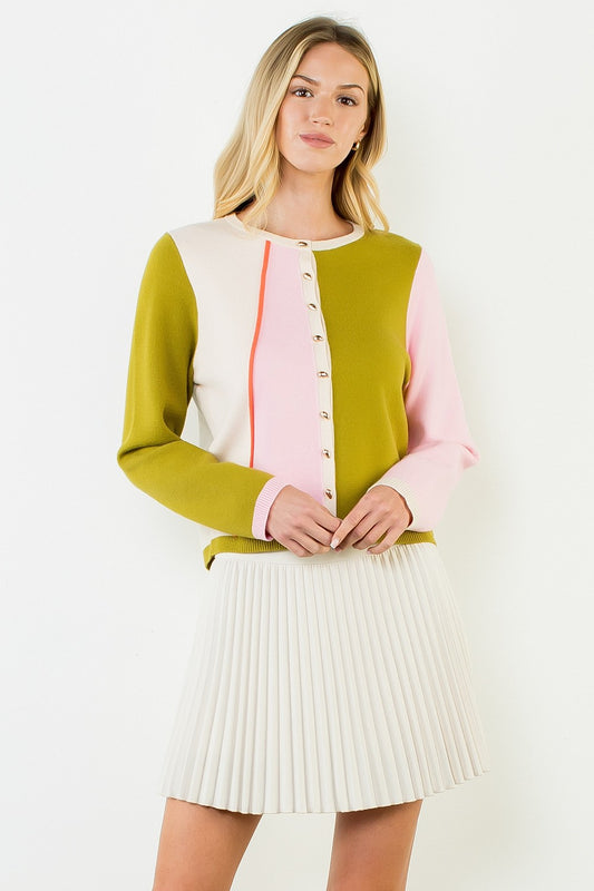Color Block Cardigan Sweater - Pink And Green