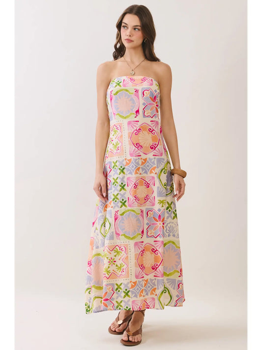 Strapless Beach Print Dress