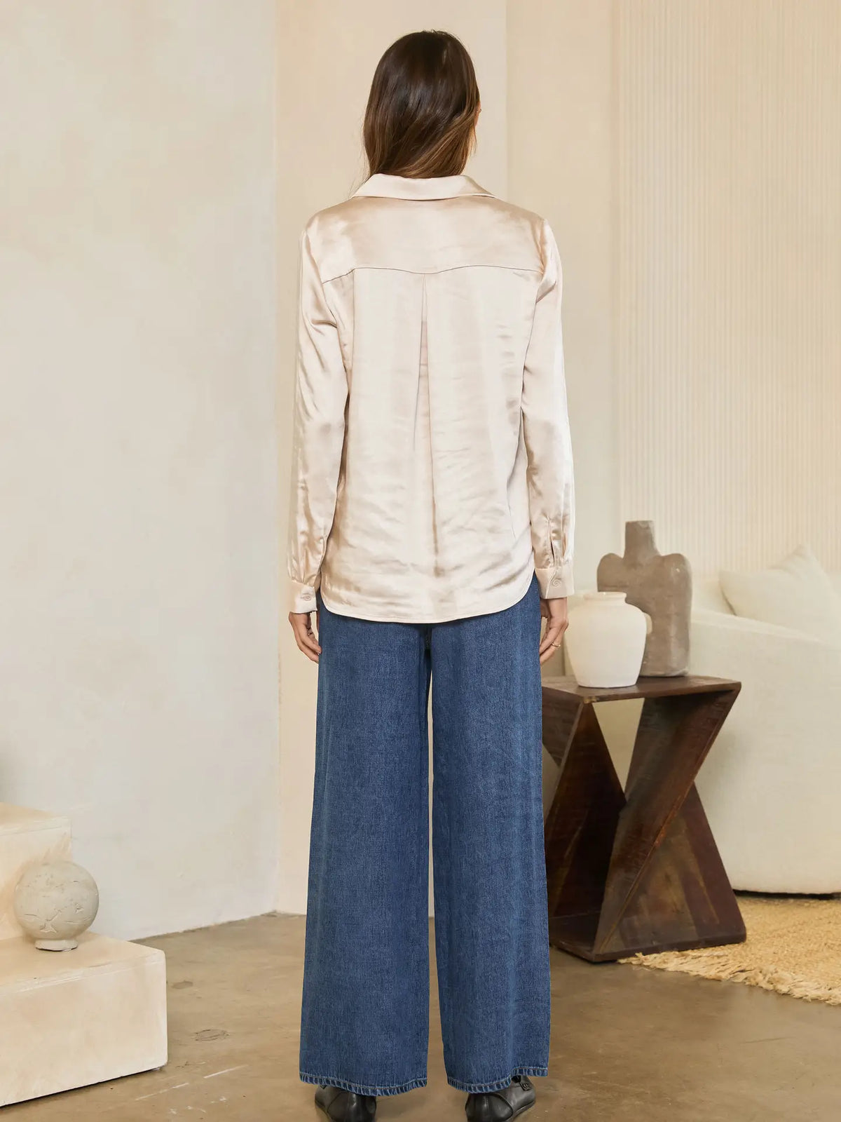Satin V Neck Button Down - Oatmeal
