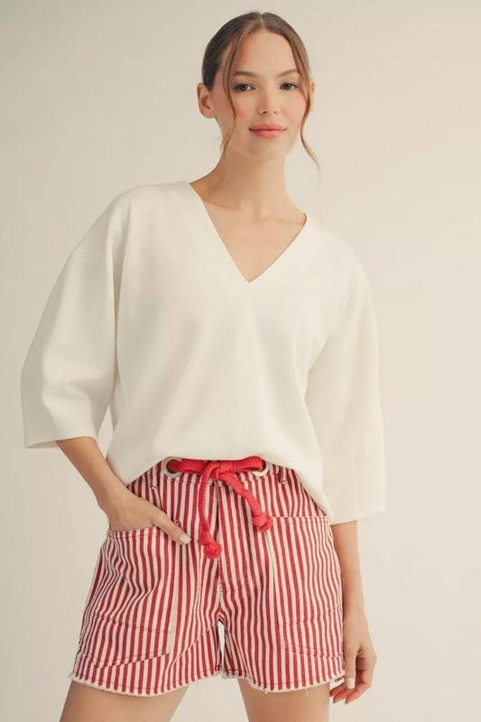 Drop Shoulder V-Neck Top - Off White