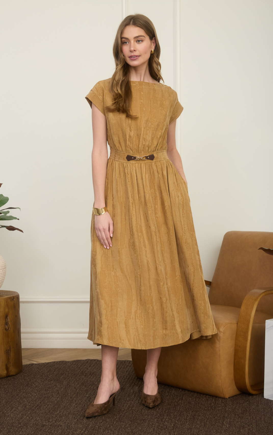 Short Sleeve Dress With Leather Accent