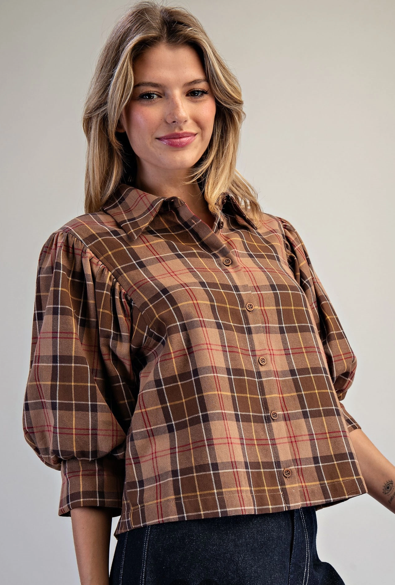 Plaid Button Down Blouse in Cappuccino