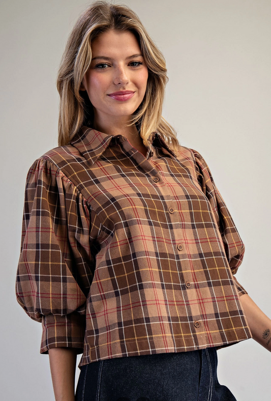 Plaid Button Down Blouse in Cappuccino