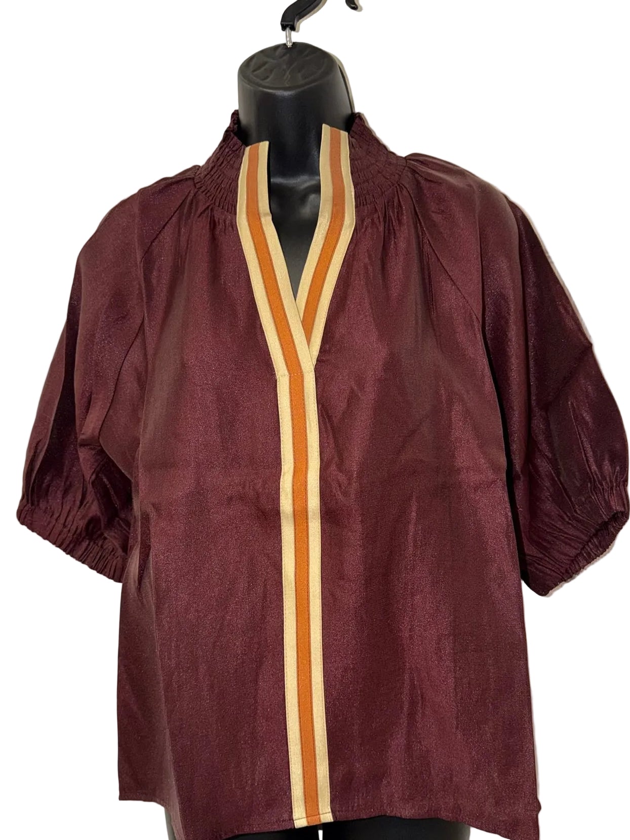 Textured V Neck Top - Burgundy
