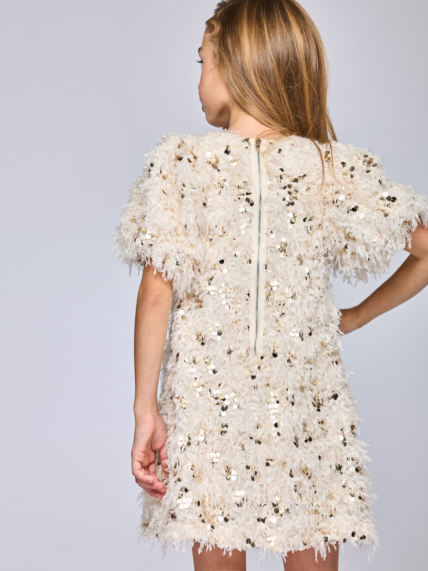 Ivory Feather Sequin Keyhole Dress