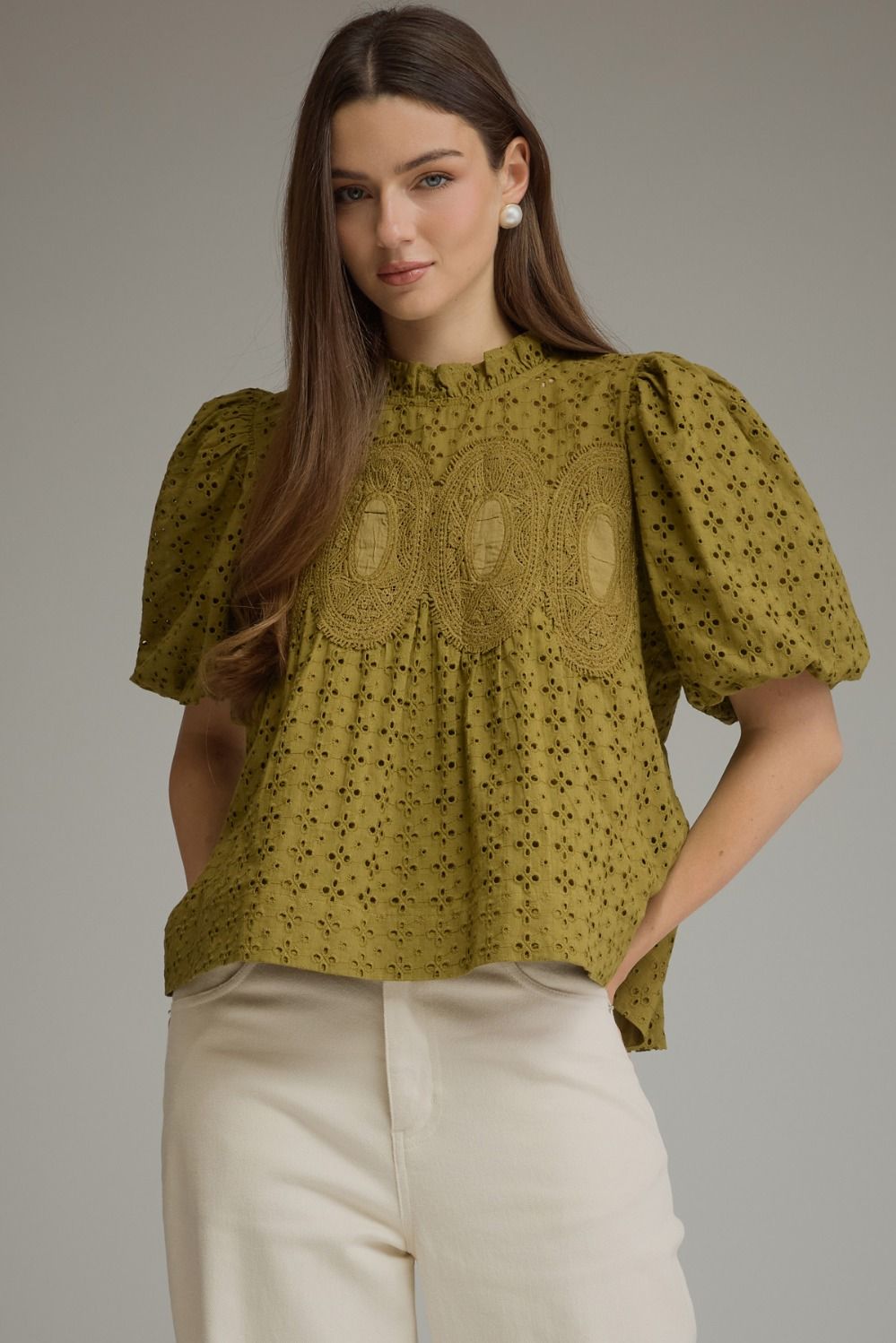 Eyelet Puff Sleeve Top - Olive