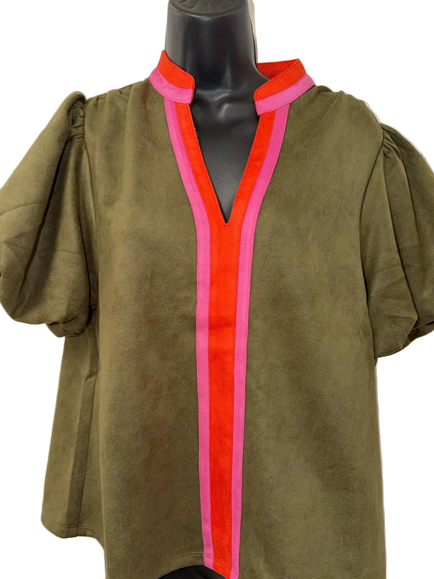 Suede Color Block V Neck - Olive