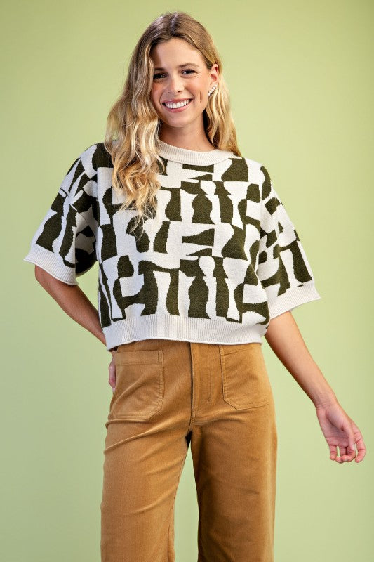 Olive Geometric Knit Top