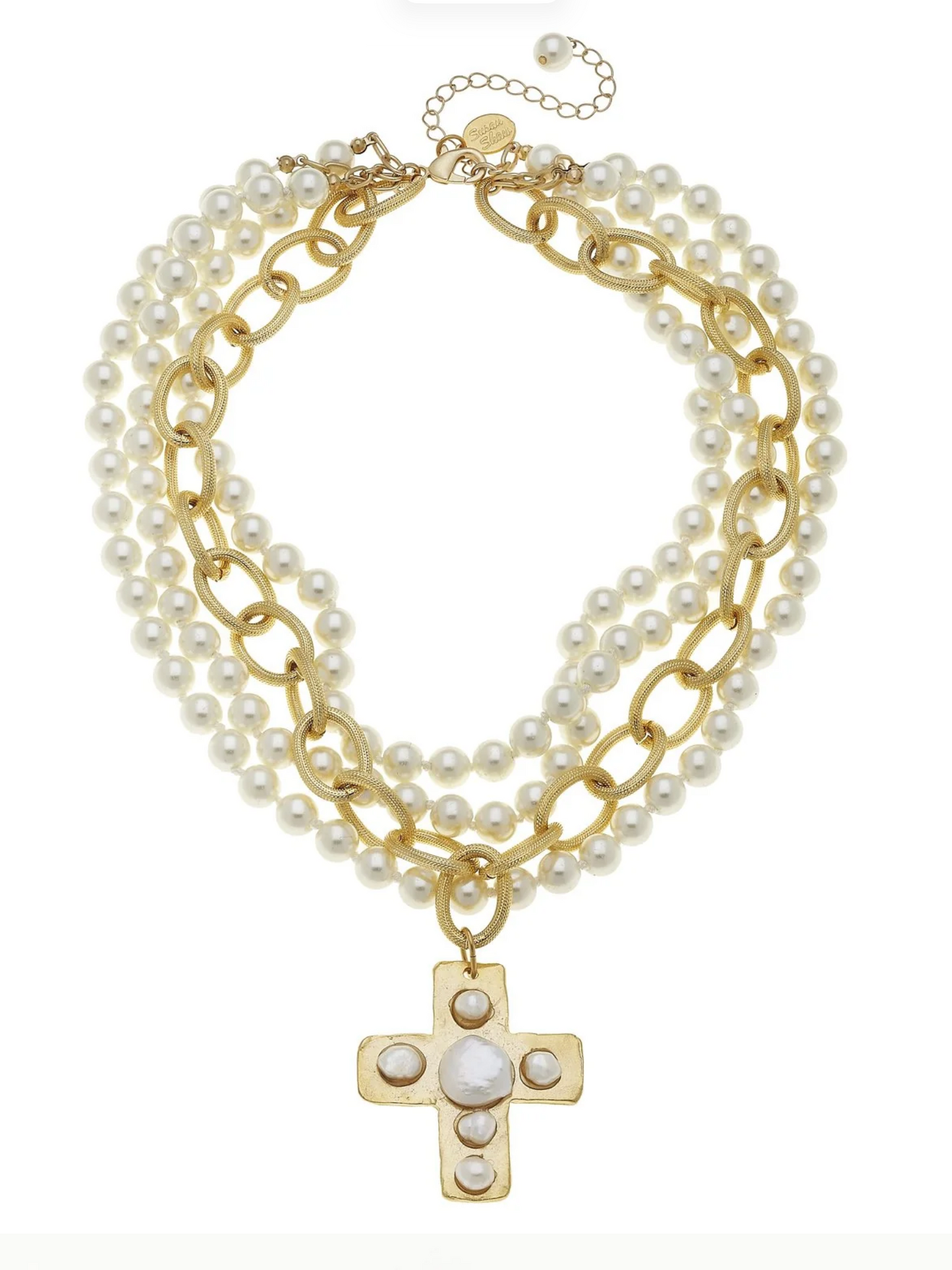 Multi Strand Gold Cross Pearl Necklace
