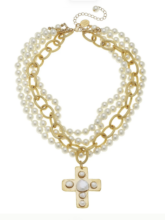 Multi Strand Gold Cross Pearl Necklace
