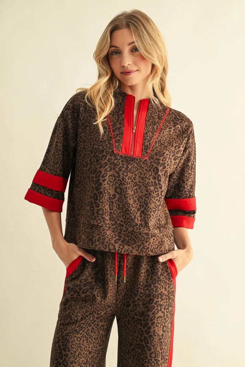 Faux Suede Zip Up Leopard Top