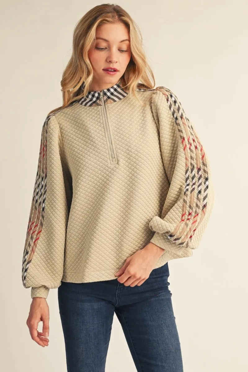 Quarter Zip Puff Sleeve - Beige