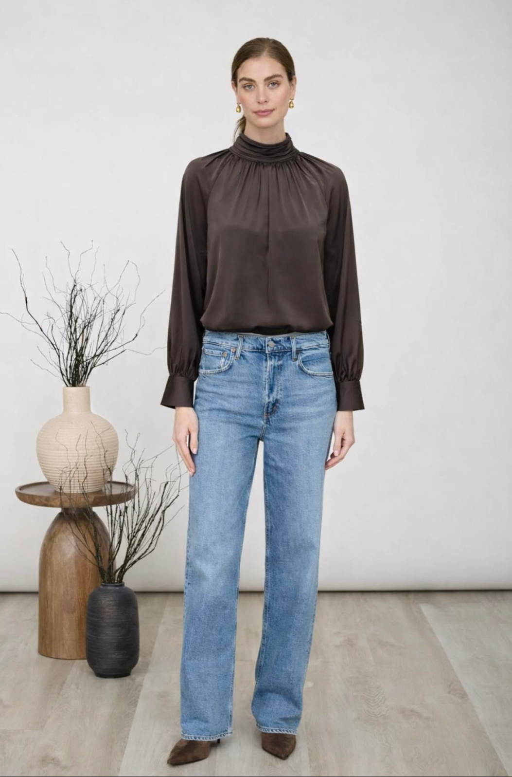 Turtle Neck Long Sleeve Top - Brown