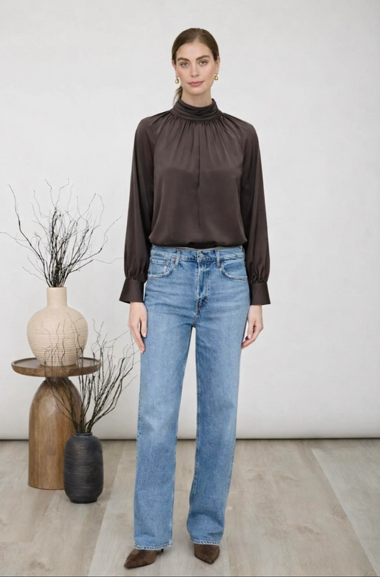 Turtle Neck Long Sleeve Top - Brown