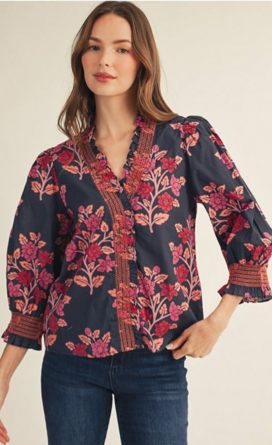 Embroidered Smocking Detail Floral Navy Top