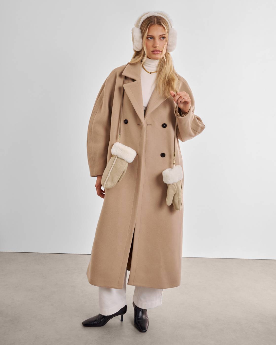 Faux Suede Mittens with Cord - Taupe