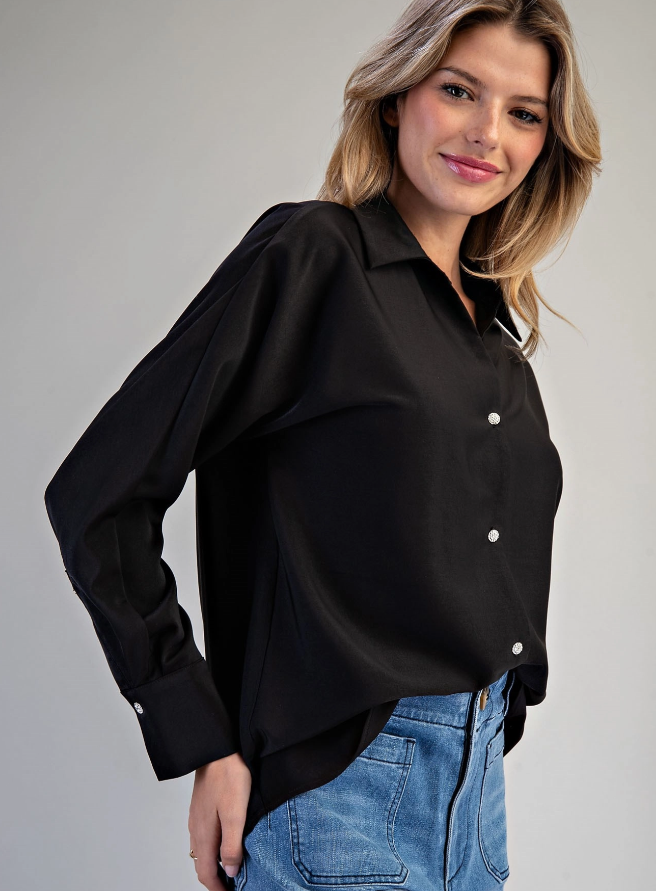 Button Down Long Sleeve Blouse Black