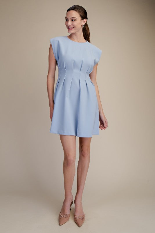 Round Neck Waist Pleated Mini Dress