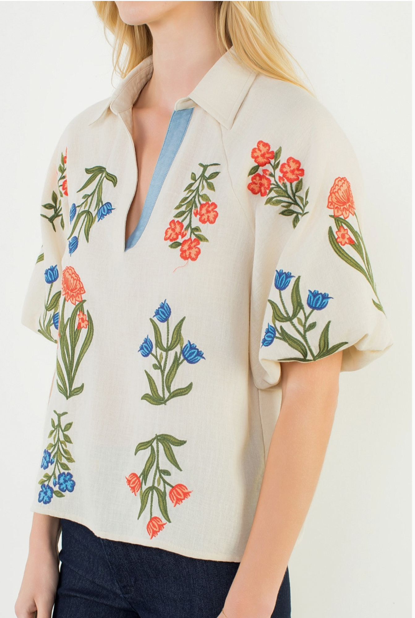 Collard V-Neck Embroidery Floral Top