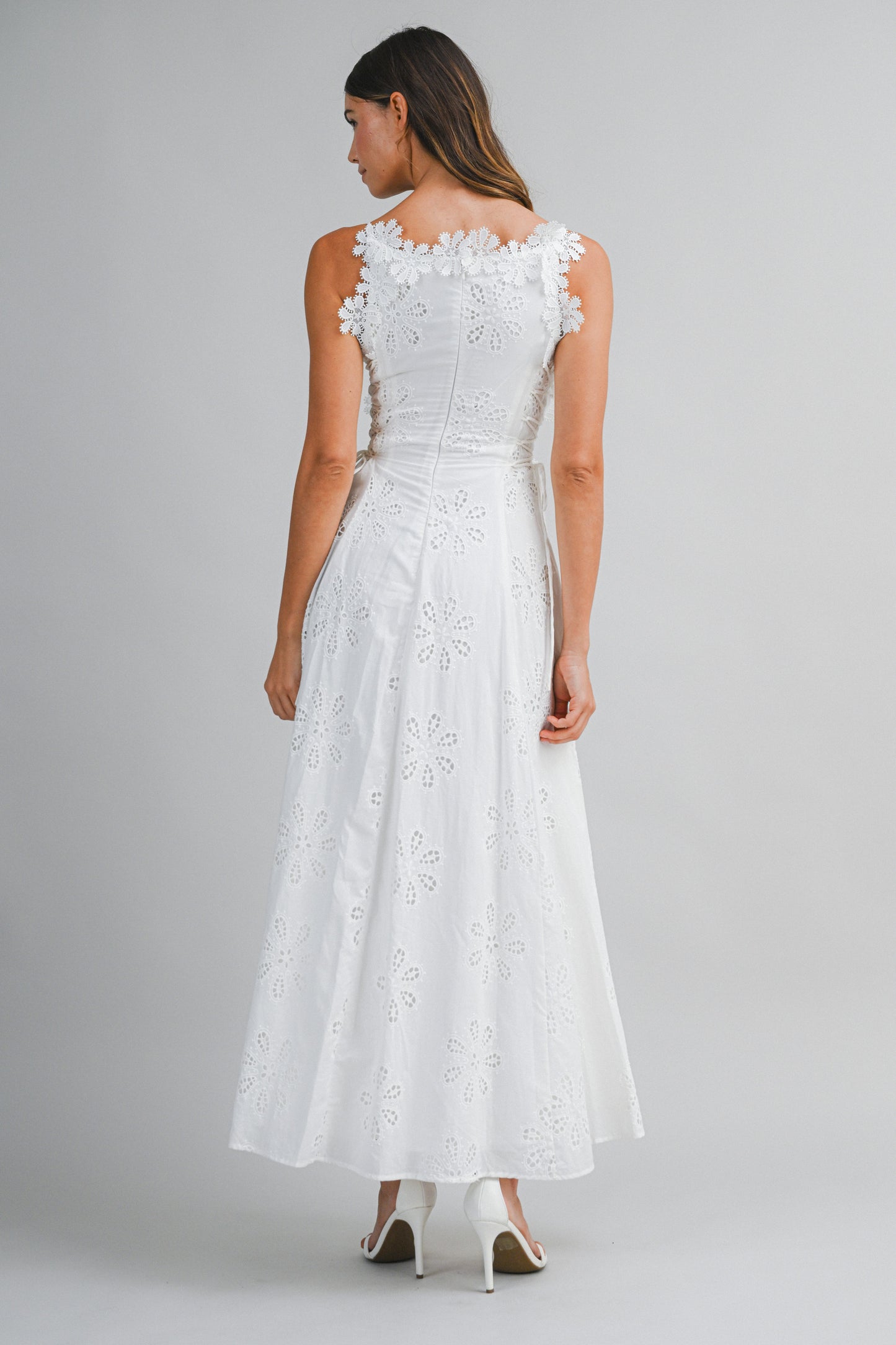 Lace Eyelet Trim Cinch Maxi Dress