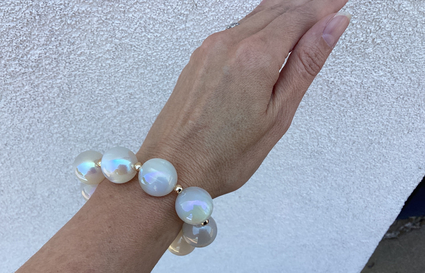 Acrylic Beaded Bracelet in Iridescent White with Small Gold Accents