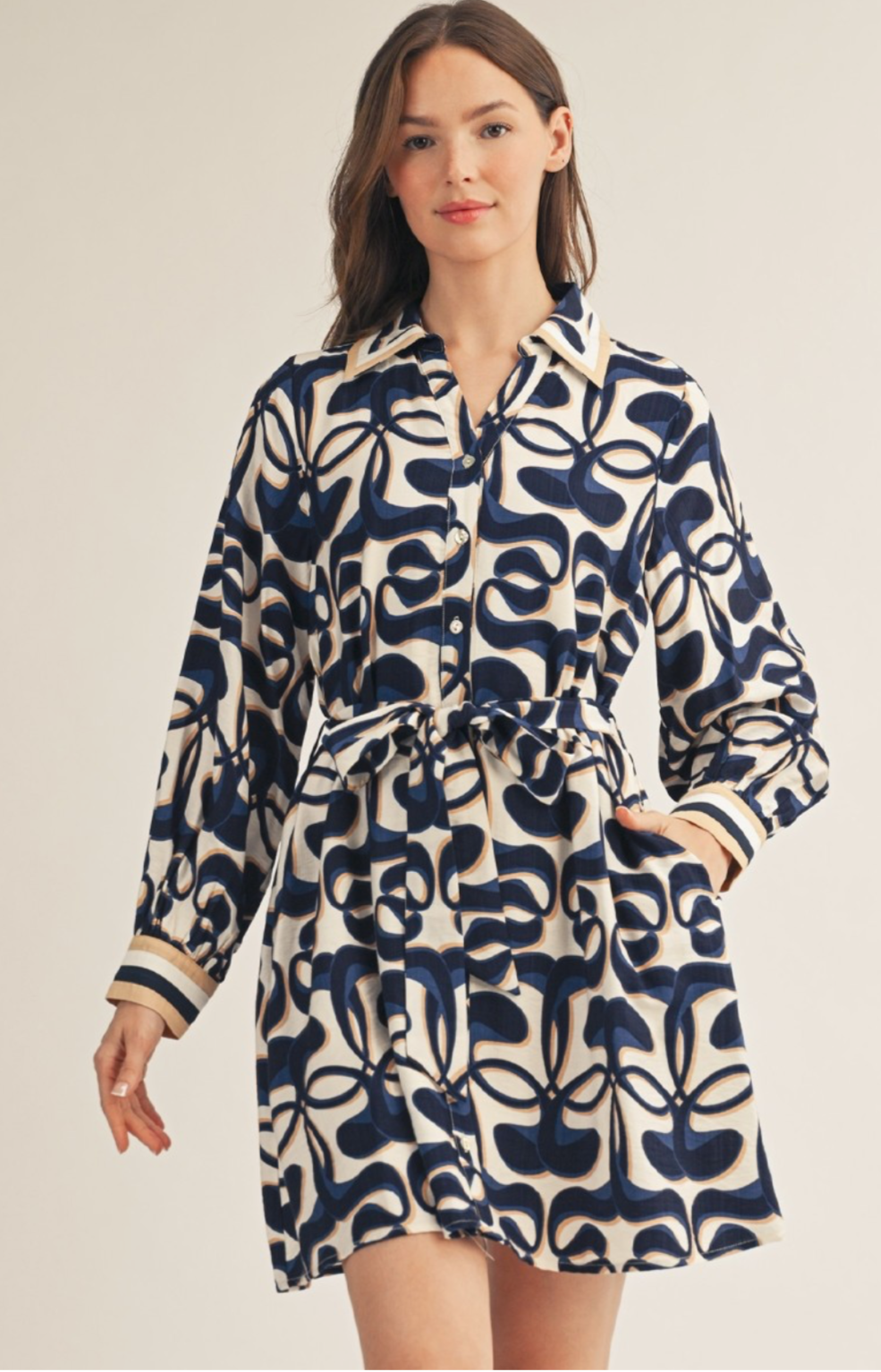 Button Down Waist Tie Geo Print Dress
