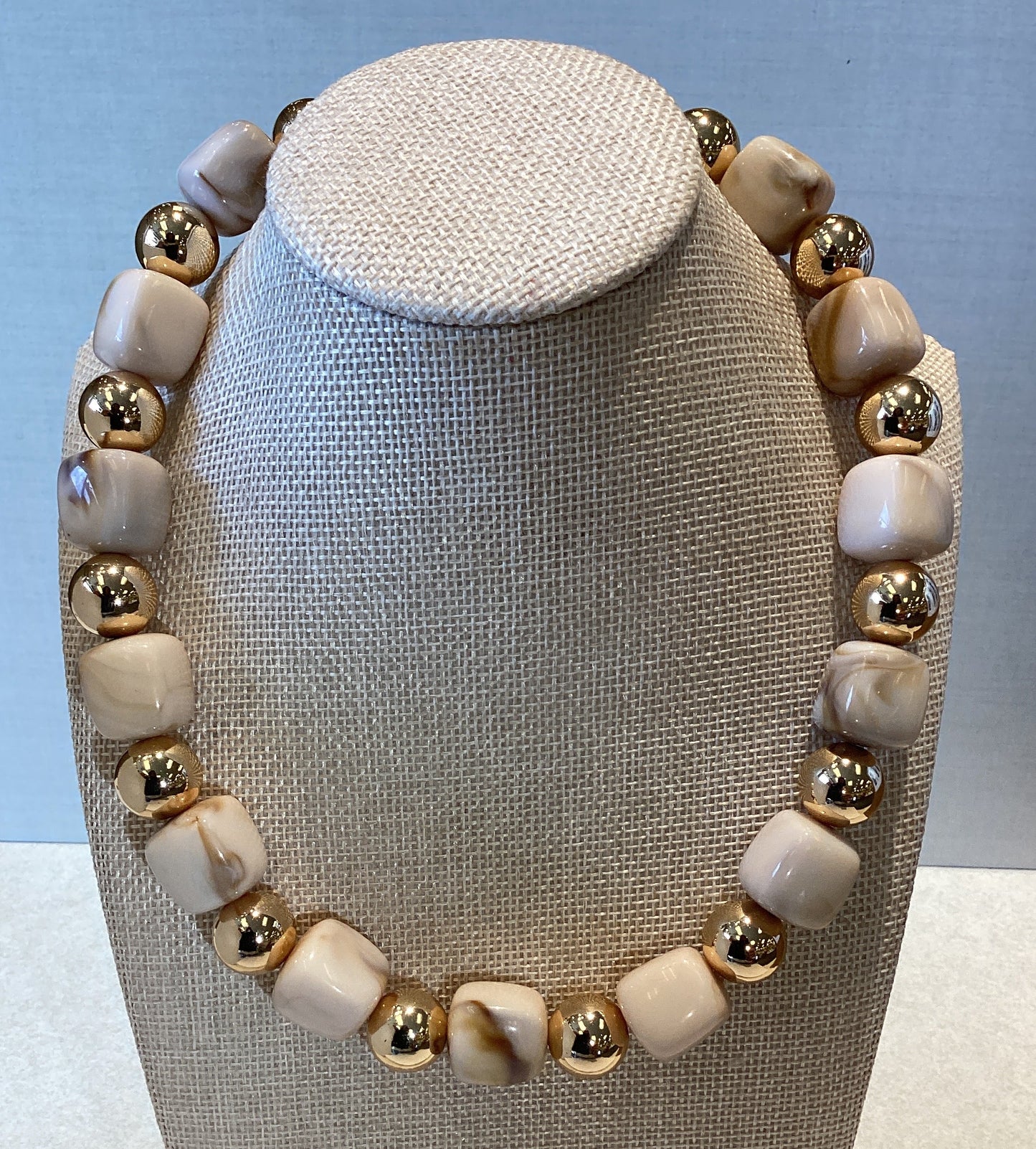 Acrylic Beaded Necklace in Neutral Marble Design with  Gold Accent