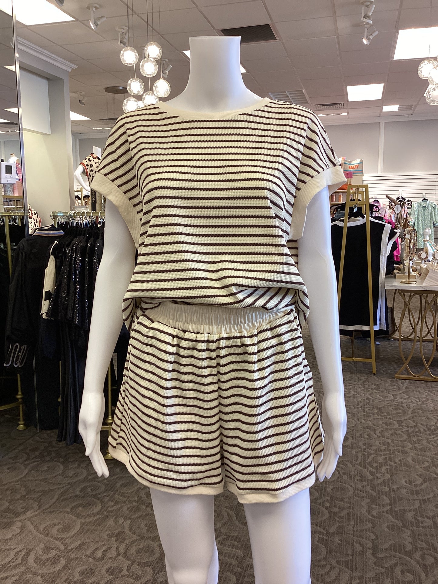 Cream and Chocolate Brown Stripe Short Set
