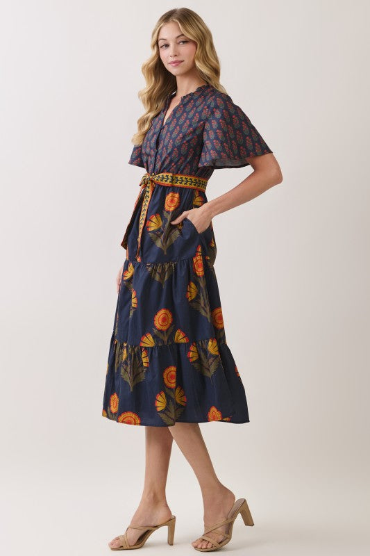 Navy Floral Tiered Midi Dress