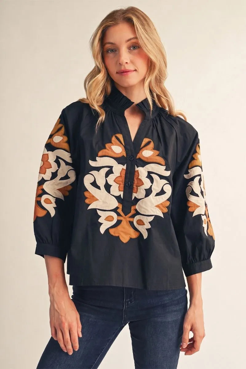 Black 3/4 Sleeve Applique Top