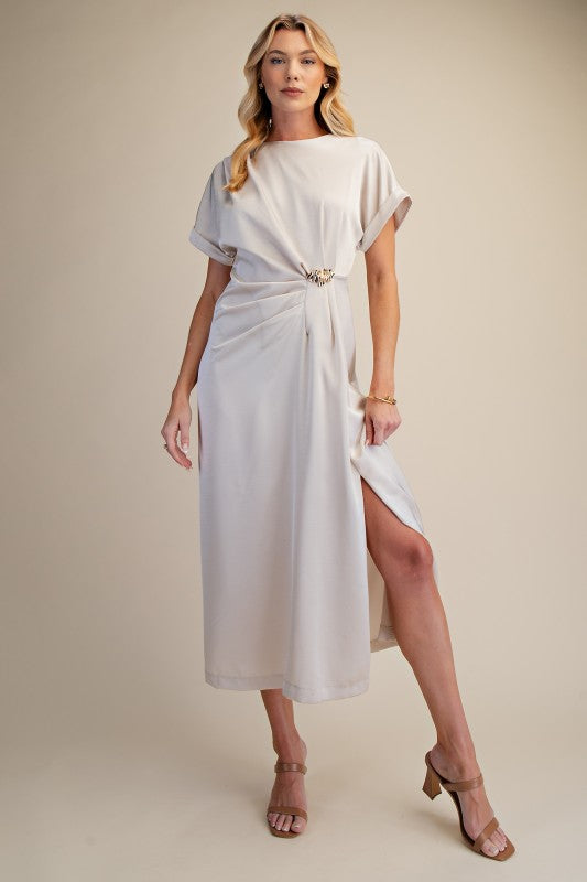 Gathered Metal Trim Midi Dress - Cream