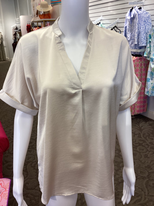 Satin V Neck With Cuff Sleeve Top - Cream