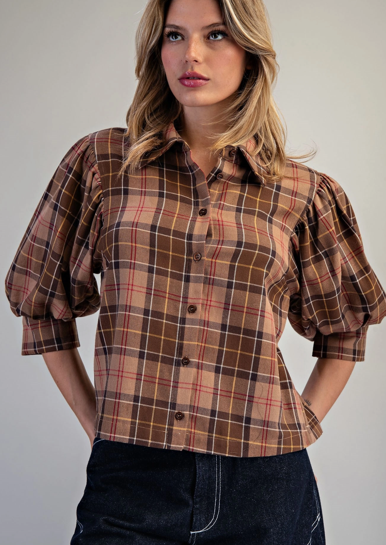 Plaid Button Down Blouse in Cappuccino