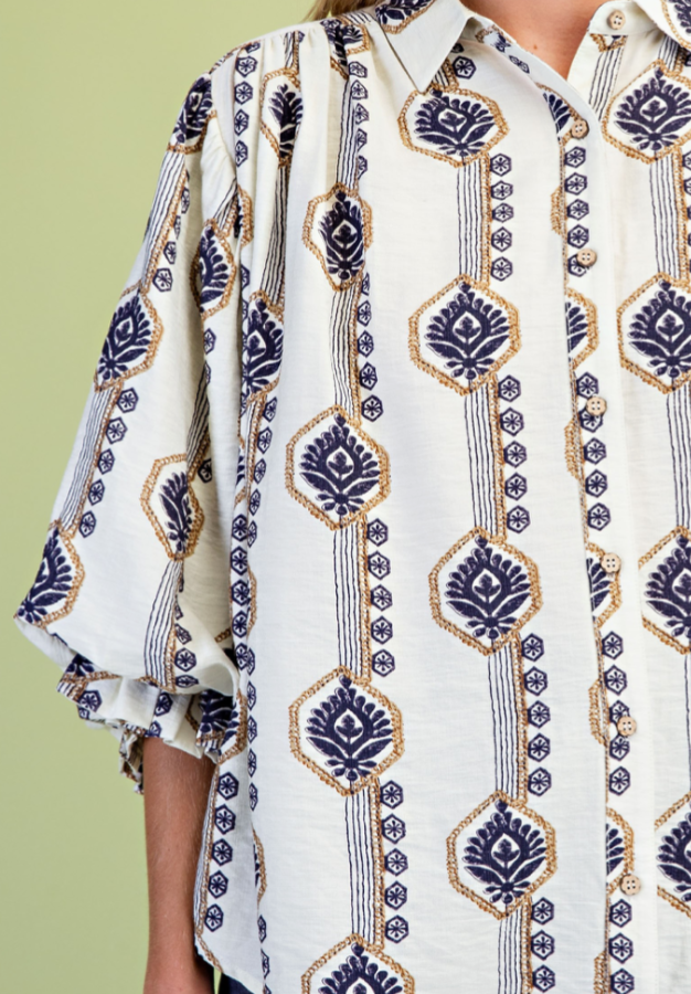 Printed Button Down Gathered 3/4 Sleeve