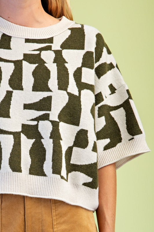 Olive Geometric Knit Top