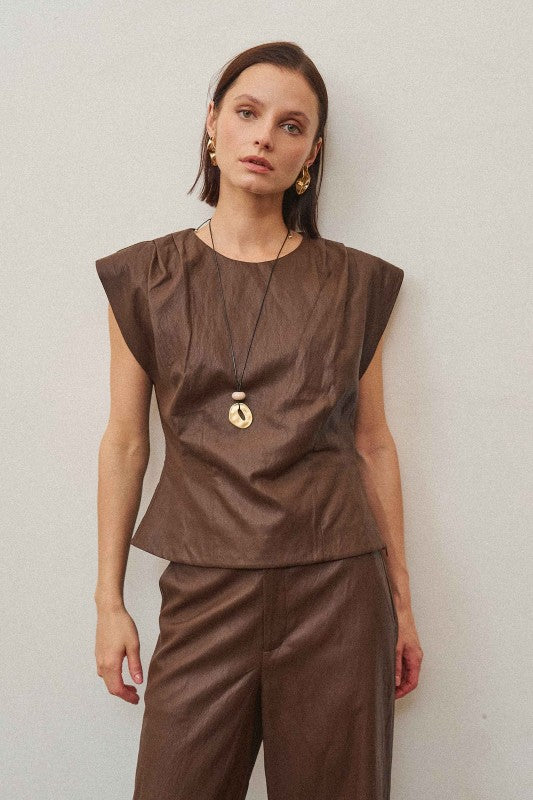 Leather Top And Pant Set - Chocolate